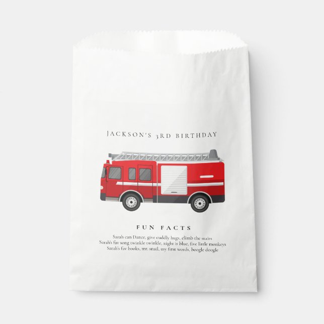 Cute Red Firetruck Engine Kids Fun Facts Birthday Favour Bags (Front)