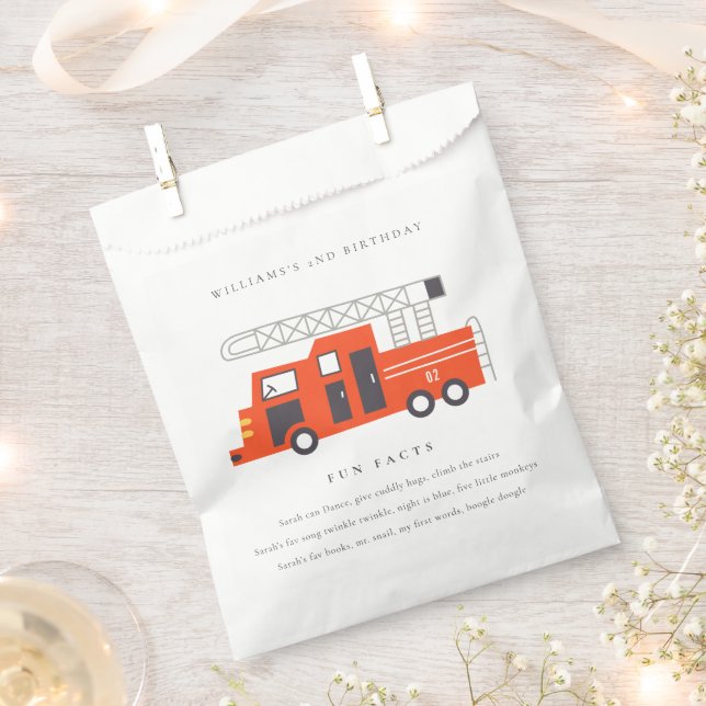 Cute Red Firetruck Engine Kids Fun Facts Birthday Favour Bags (Clipped)