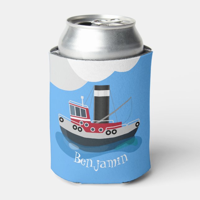Cute red fishing trawler boat cartoon illustration can cooler (Can Front)