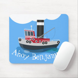 Cute red fishing trawler boat cartoon illustration mouse mat