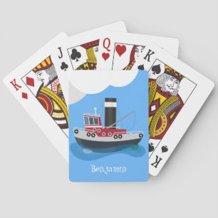 Cute red fishing trawler boat cartoon illustration playing cards