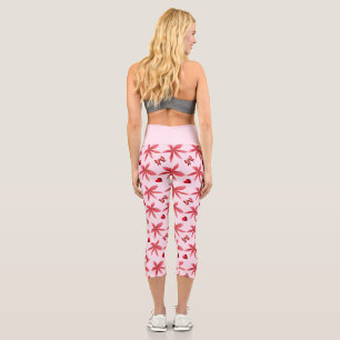Cute Red Floral Heart Pattern Seamless Girly Capri Leggings