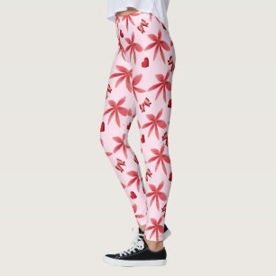 Cute Red Floral Heart Pattern Seamless Girly  Leggings