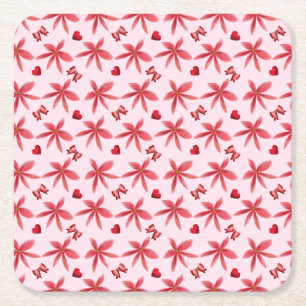 Cute Red Floral Heart Pattern Seamless Girly  Square Paper Coaster