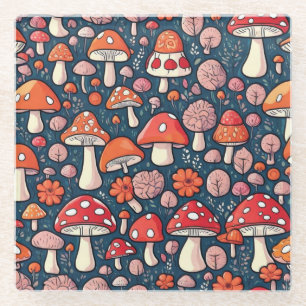 Cute red floral mushrooms in green decor glass coaster