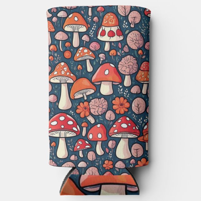 Cute red floral mushrooms in green decor seltzer can cooler (Front)