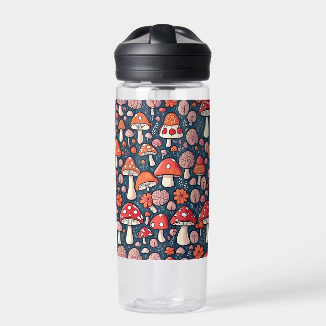 Cute red floral mushrooms in green decor water bottle (Front)