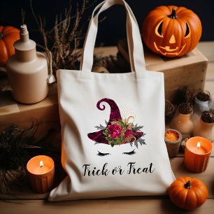 Cute Red Floral Witch Hat Halloween Trick or Treat Tote Bag