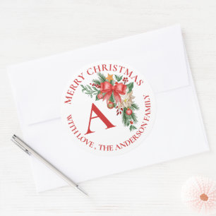 Cute Red Flowers Berries Monogram Merry Christmas Classic Round Sticker