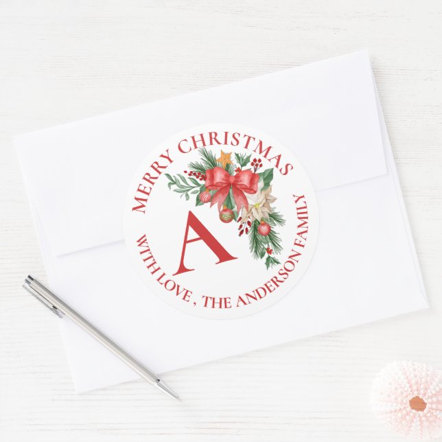 Cute Red Flowers Berries Monogram Merry Christmas Classic Round Sticker (Envelope)