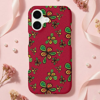Cute Red Folk Art Floral Doodle Pattern
