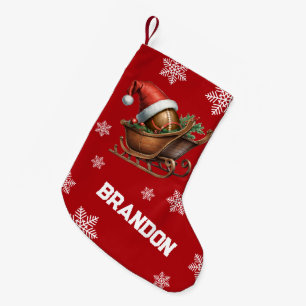Cute Red Football Santa Sleigh Name Small Christmas Stocking