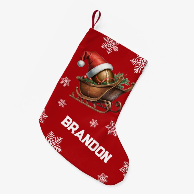 Cute Red Football Santa Sleigh Name Small Christmas Stocking (Front (Hanging))