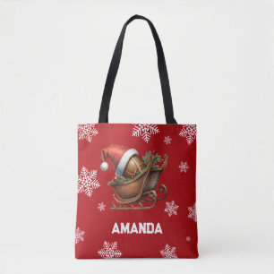 Cute Red Football Santa Sleigh Name Tote Bag