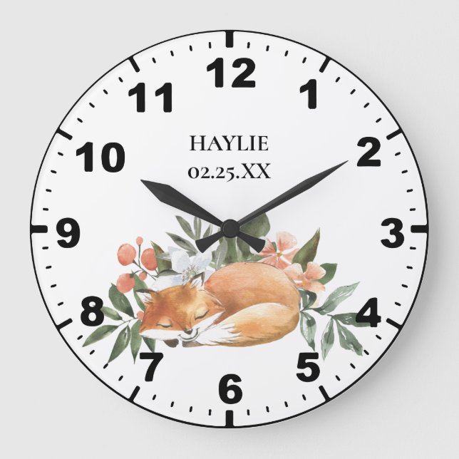 Cute Red Fox Among Flowers and Greenery Large Clock (Front)
