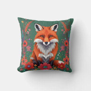 Cute red fox and flowers cushion
