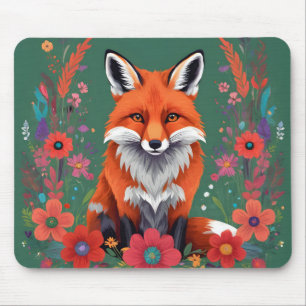 Cute red fox and flowers mouse mat