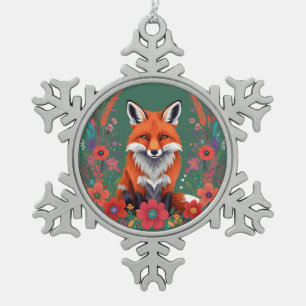 Cute red fox and flowers snowflake pewter christmas ornament