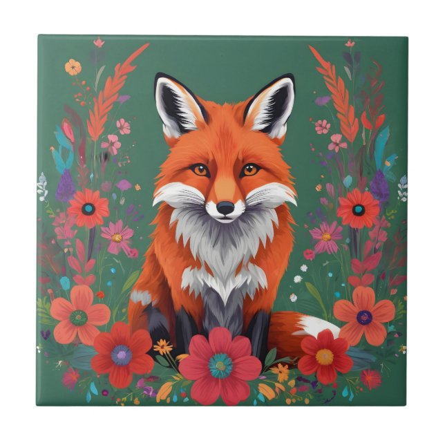 Cute red fox and flowers tile (Front)