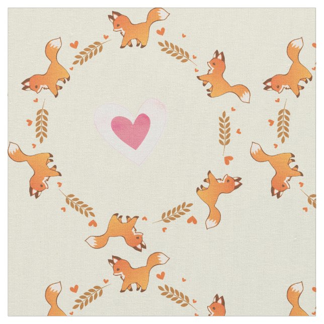 Cute Red Fox and Hearts Wreath Pattern Fabric (Close Up)