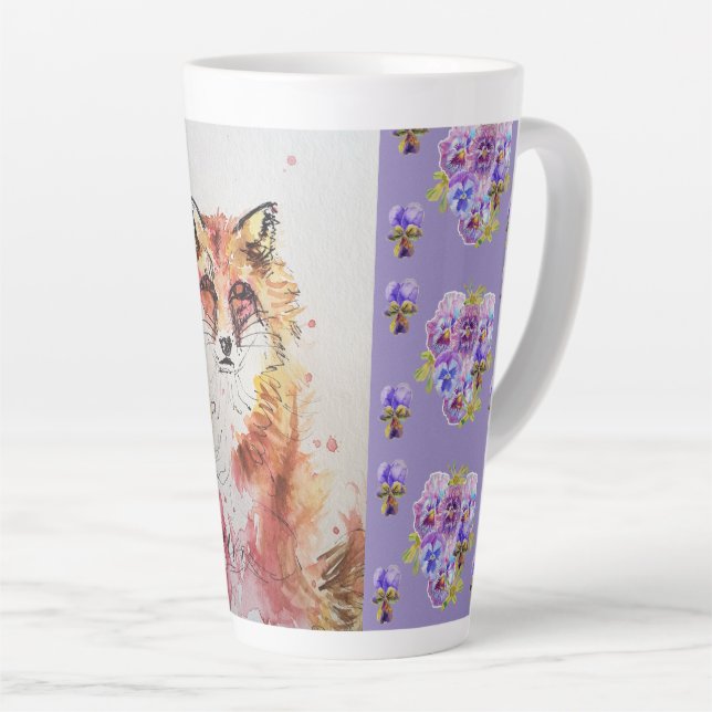 Cute Red Fox Animal Purple Pansies Latte Mug (Right Angle)