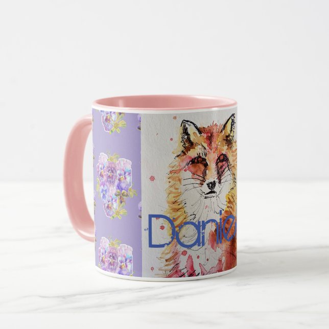 Cute Red Fox Animal Purple Pansies Mug (Front Left)