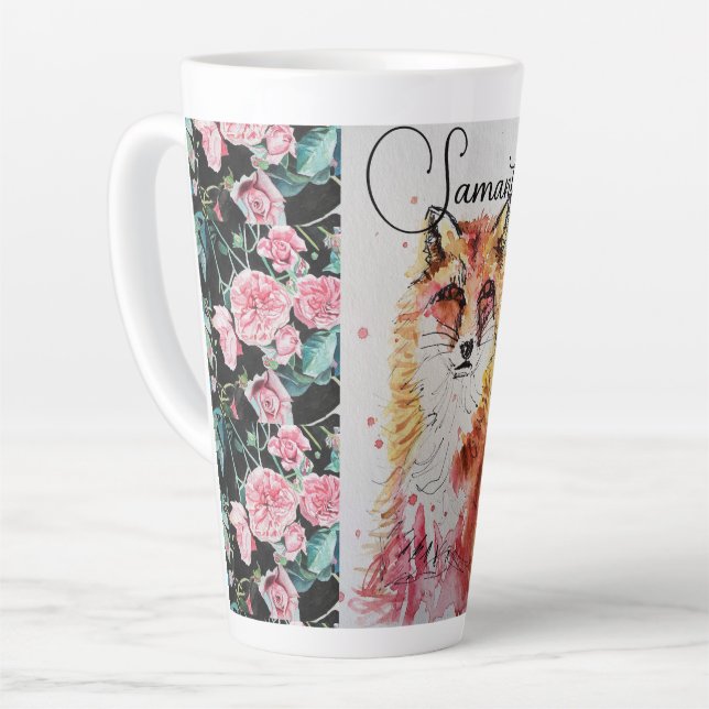 Cute Red Fox Animal Roses Watercolor Latte Mug (Left Angle)