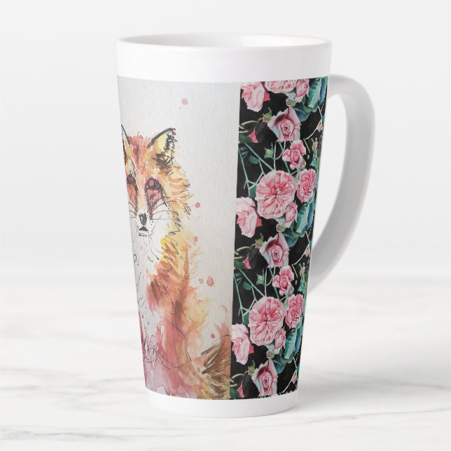 Cute Red Fox Animal Roses Watercolor Latte Mug (Right Angle)