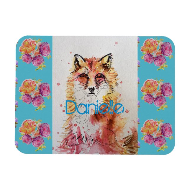 Cute Red Fox Animal Teal Rose Roses Magnet (Horizontal)