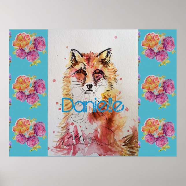 Cute Red Fox Animal Teal Rose Roses Poster (Front)