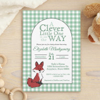Cute Red Fox Clever One Green Gingham Baby Shower