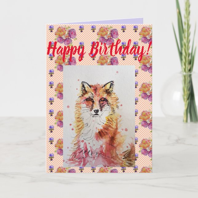 Cute Red Fox Flower Floral Happy Birthday art Card (Front)