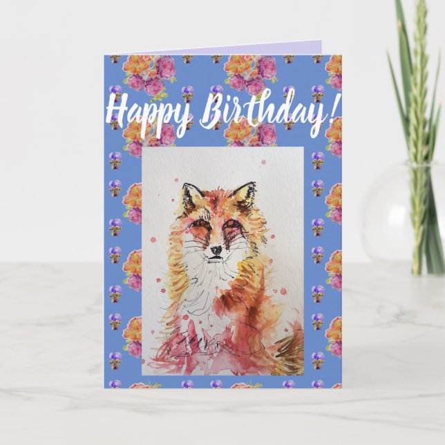 Cute Red Fox Flower Floral Happy Birthday art Card (Front)