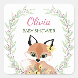 Cute red Fox girl baby shower Square Sticker