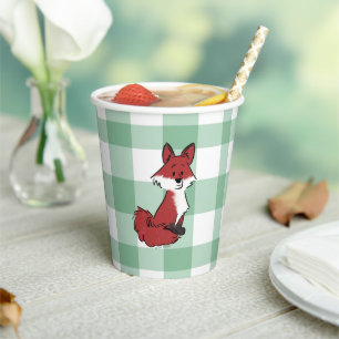 Cute Red Fox Green Gingham Baby Shower Paper Cups