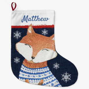 Cute Red Fox in Blue White Sweater Snowflakes Name Large Christmas Stocking