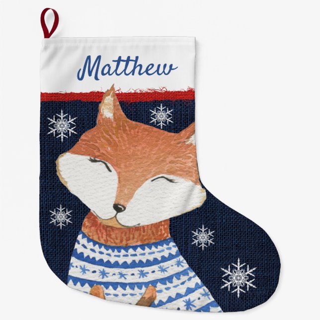 Cute Red Fox in Blue White Sweater Snowflakes Name Large Christmas Stocking (Front)