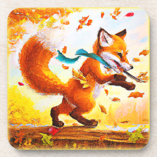 Cute Red Fox in Fall Season Painting. Buy Now Coaster