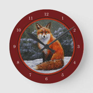 Cute Red Fox in Winter Snow Round Clock