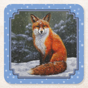 Cute Red Fox in Winter Snow Square Paper Coaster