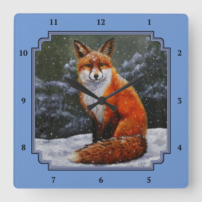 Cute Red Fox in Winter Snow Square Wall Clock (Front)