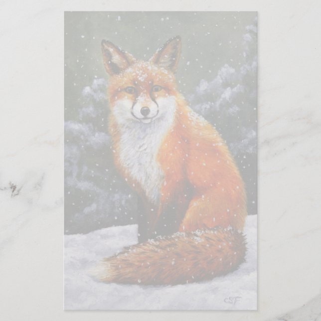 Cute Red Fox in Winter Snow Stationery (Front)