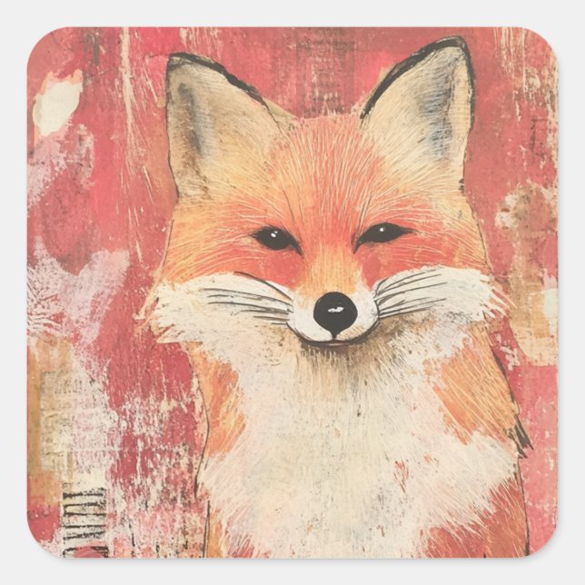 Cute Red Fox Mixed Media Square Sticker (Front)