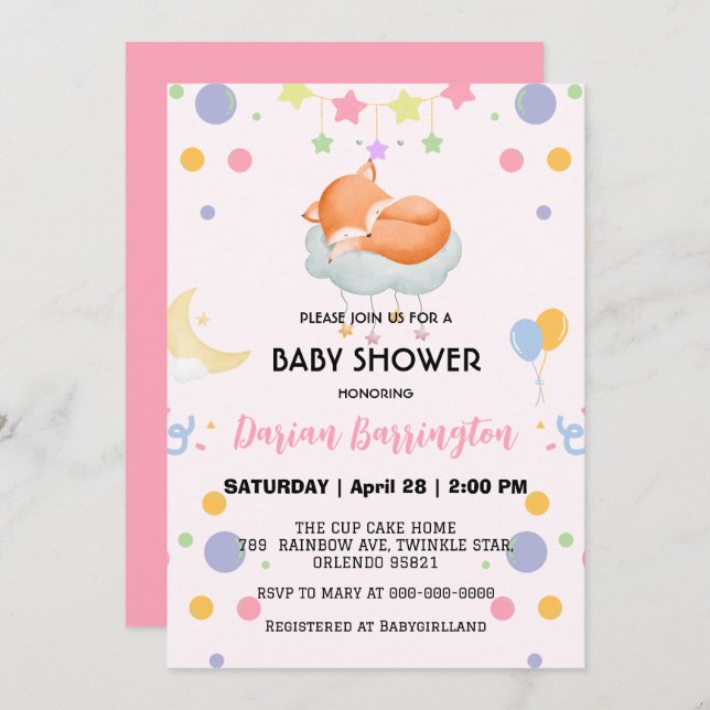 Cute Red fox moon balloon baby shower party  Invitation (Front/Back)