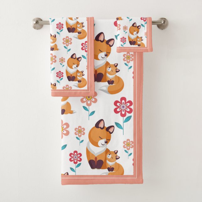 Cute red fox mother with baby border Mother's Day Bath Towel Set (Insitu)