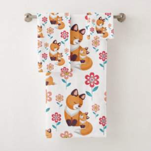 Cute red fox mother with baby Mother's day Bath Towel Set