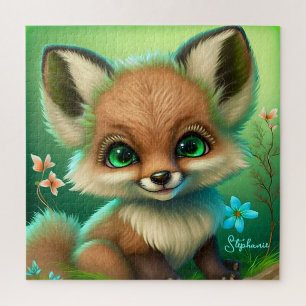 Cute Red Fox Orange Blue Flower Green Jigsaw Puzzle