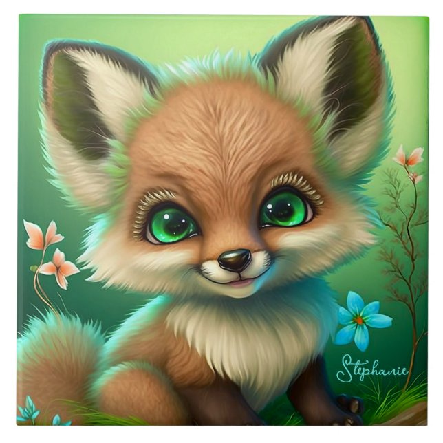 Cute Red Fox Orange Blue Flower Green Tile (Front)