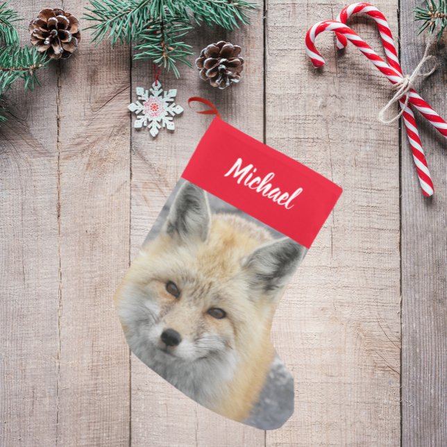 Cute Red Fox Photo with Name Small Christmas Stocking (In Situ)