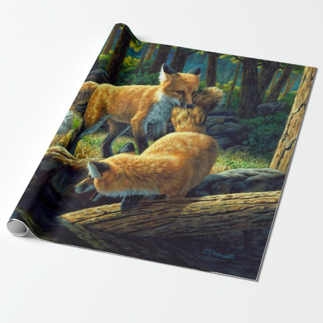 Cute Red Fox Pups Playing Wrapping Paper (Unrolled)